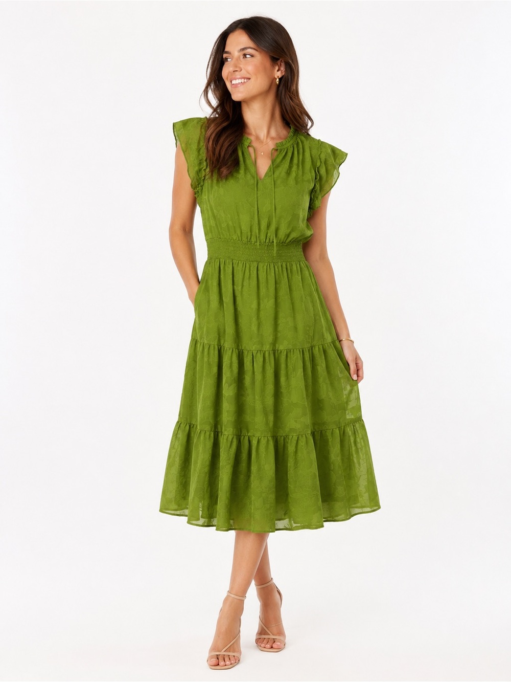 Haver London Moss Green Ruffle Midi Maxi Dress Boho Stretch Size L Cottagecore